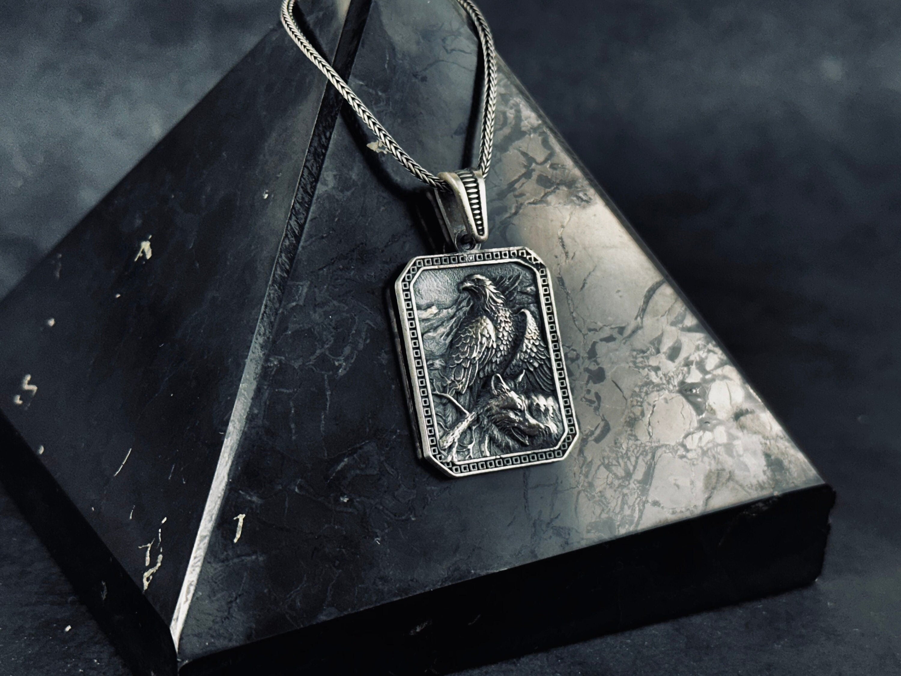 Silver Eagle Wolf Pendant Necklace: Handcrafted Statement Jewelry