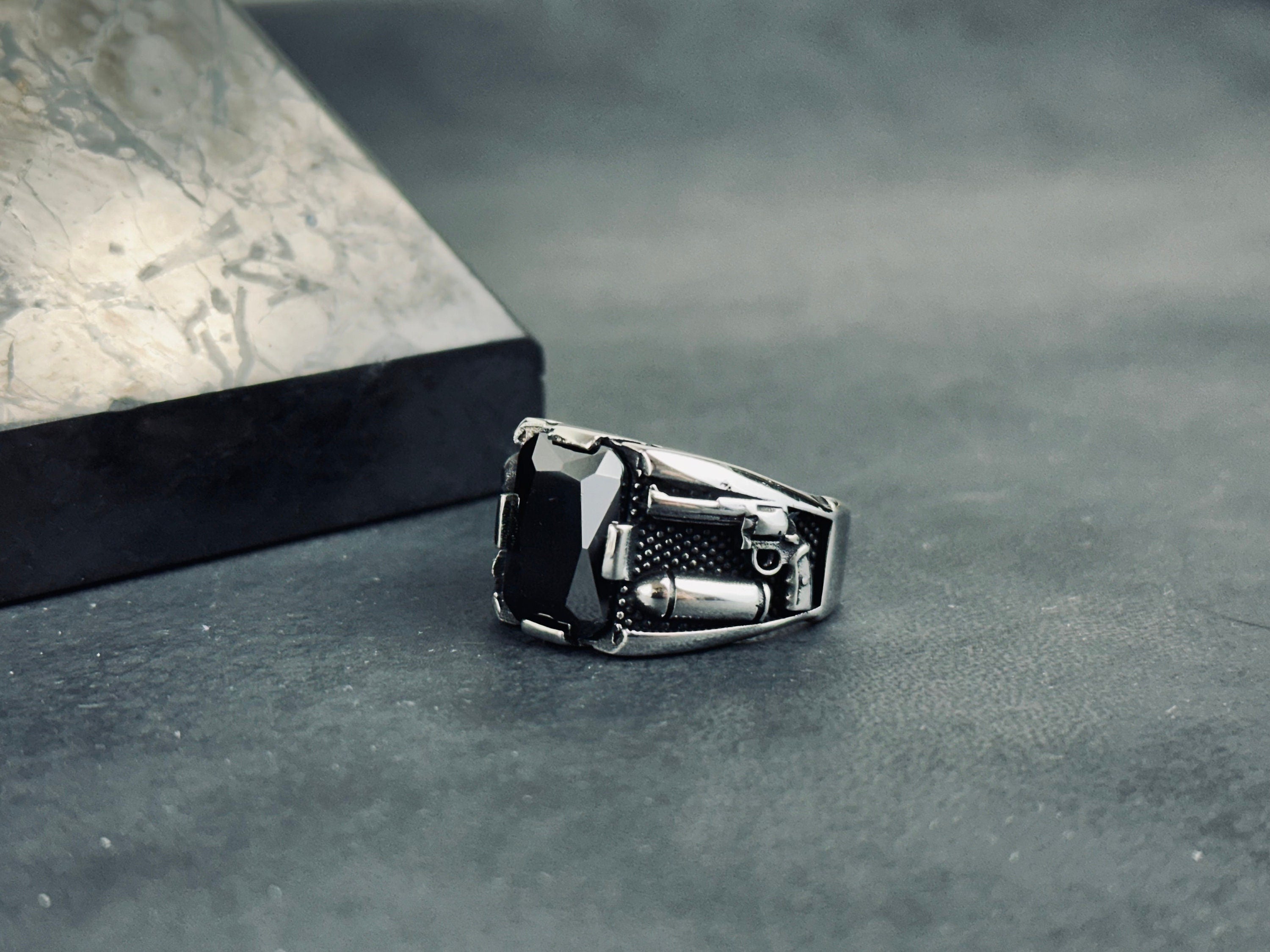 Men's Sterling Silver Bullet Ring, Revolver Engraving (Bold Statement)