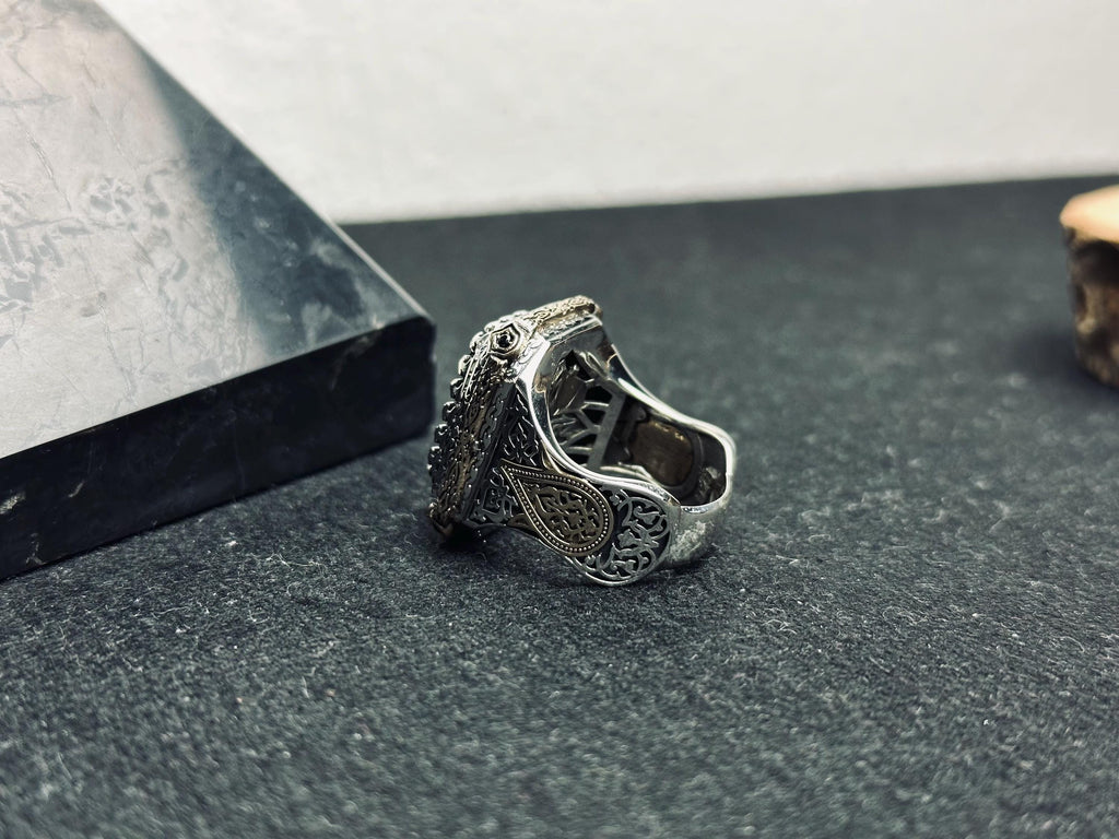 Square Black Zircon Men's Ring - Handmade Sterling Silver Vintage Look