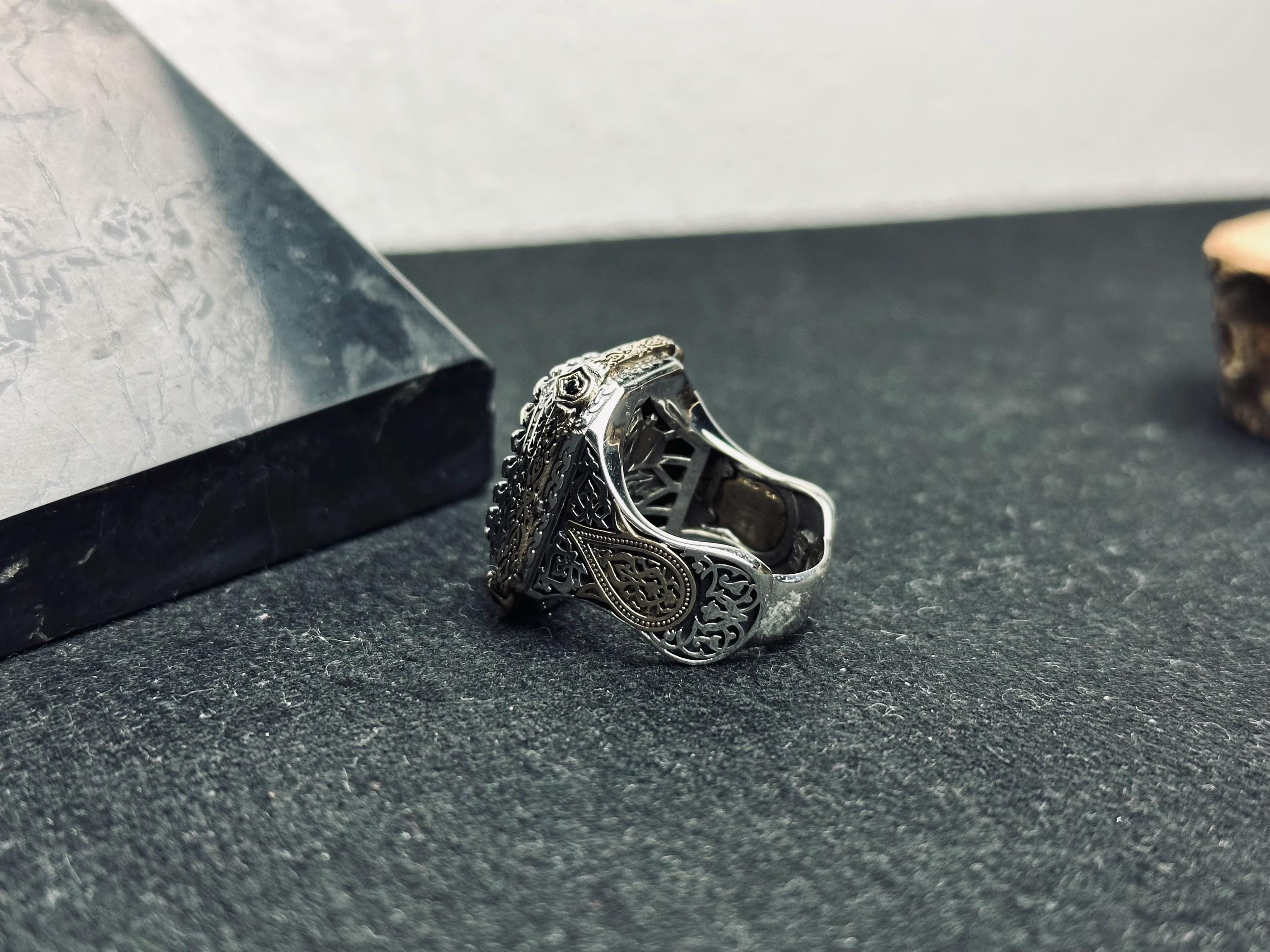 Square Black Zircon Men's Ring - Handmade Sterling Silver Vintage Look