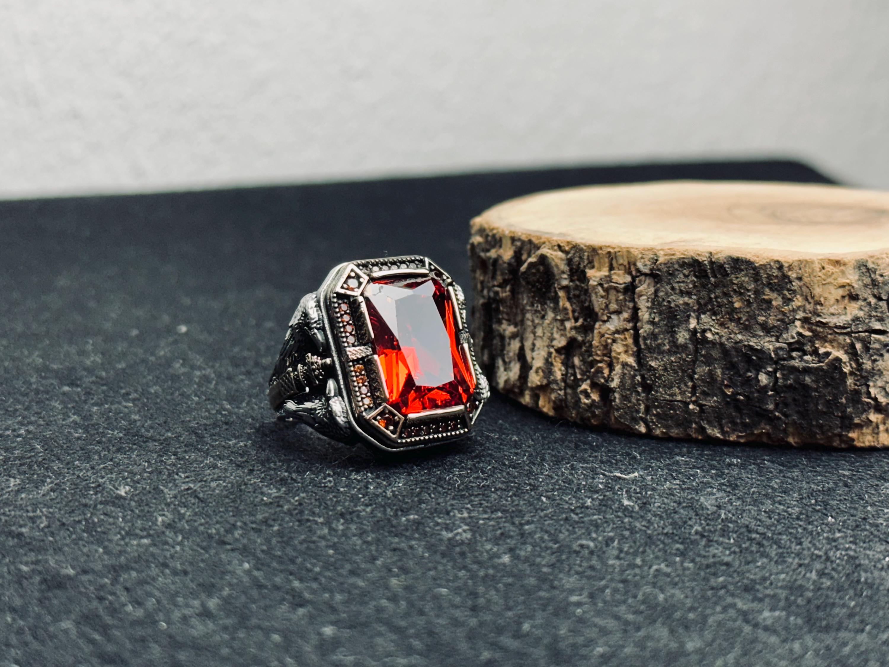 Ruby Men's Ring, Sterling Silver Bold Statement (Handmade, Size Options)
