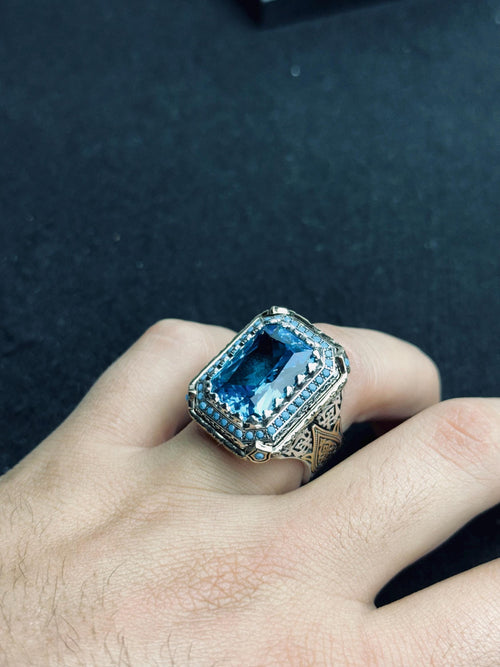 Aquamarine Men's Ring - Handmade Sterling Silver Lion Design