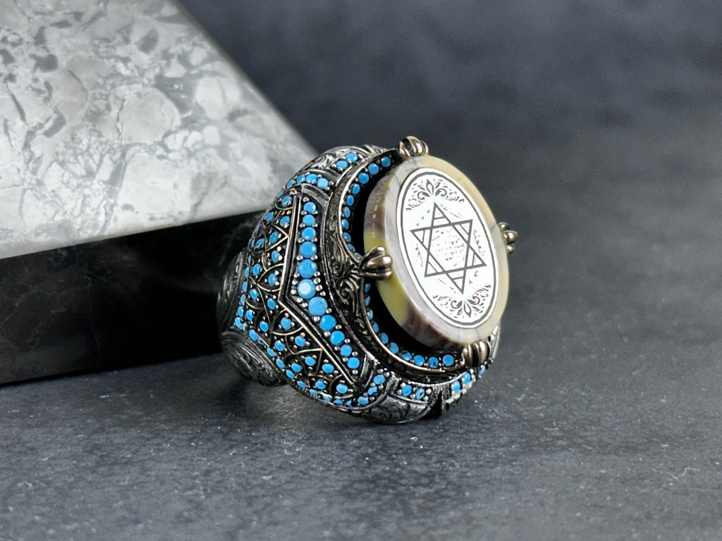 Seal of Solomon Ring: Spiritual Amber Stone (Sterling Silver)