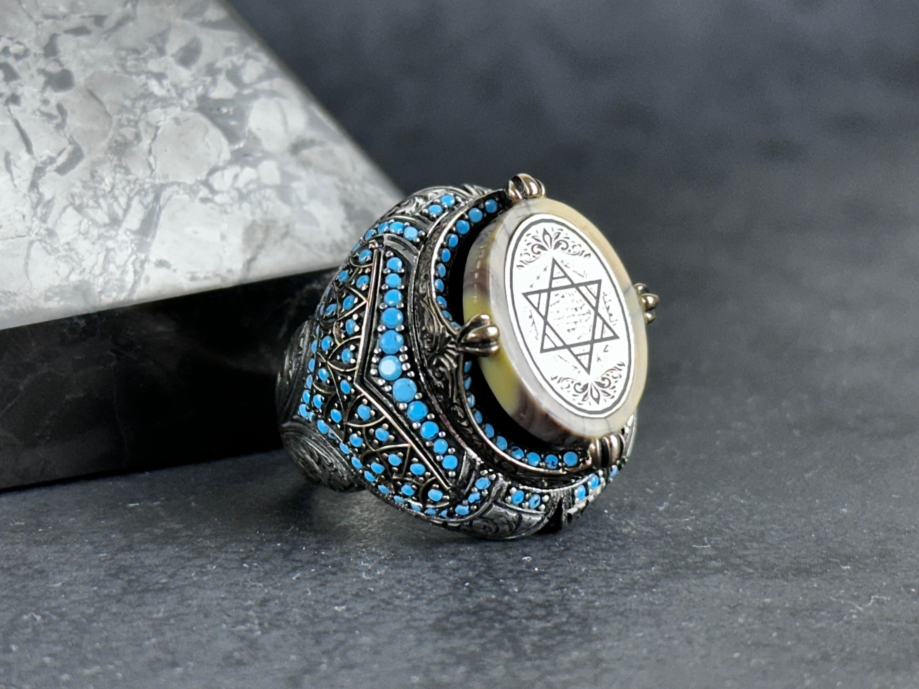 Seal of Solomon Ring: Spiritual Amber Stone (Sterling Silver)