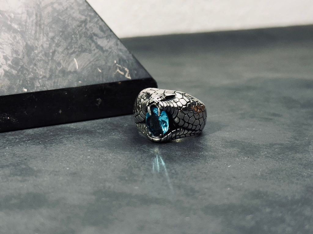 Snake Ring: Sterling Silver with Blue CZ Stone (Engraved Style)