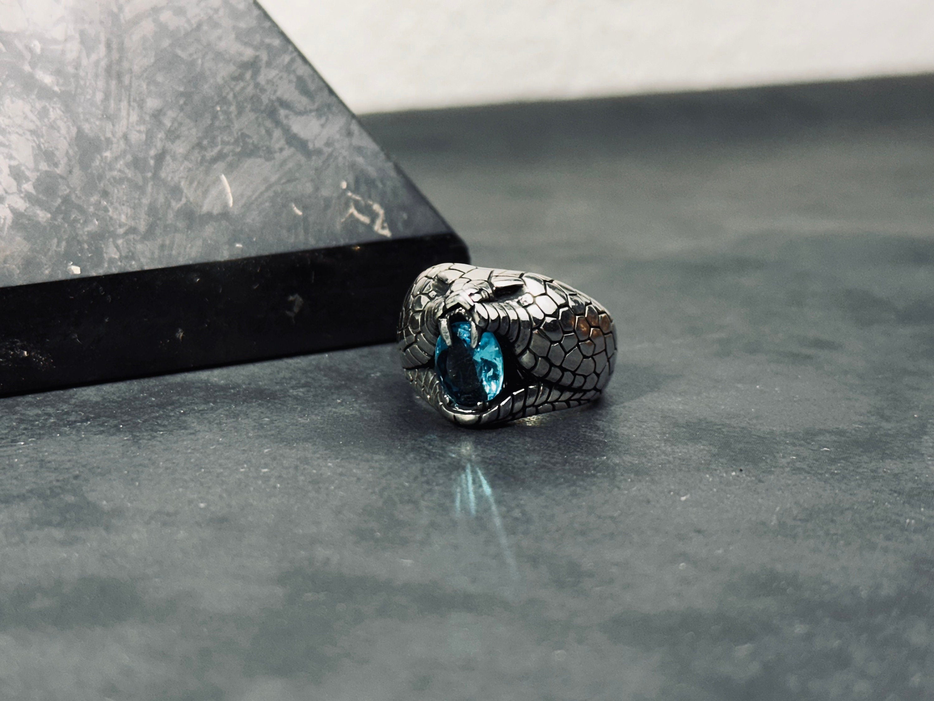 Snake Ring: Sterling Silver with Blue CZ Stone (Engraved Style)