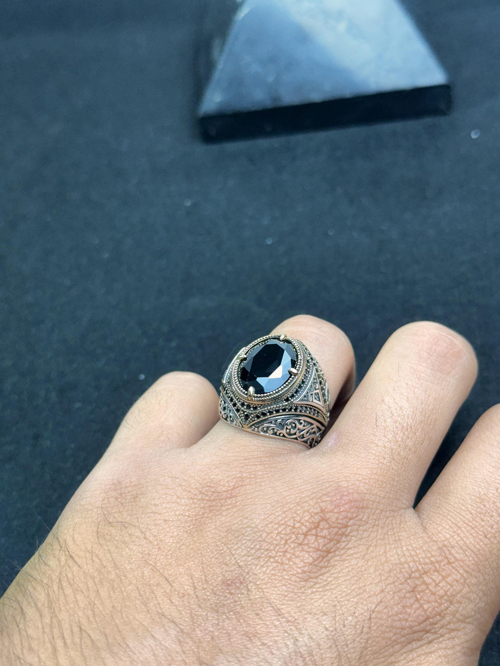 Men's Silver Ring: Handmade 925 Sterling - Black Zircon Stone
