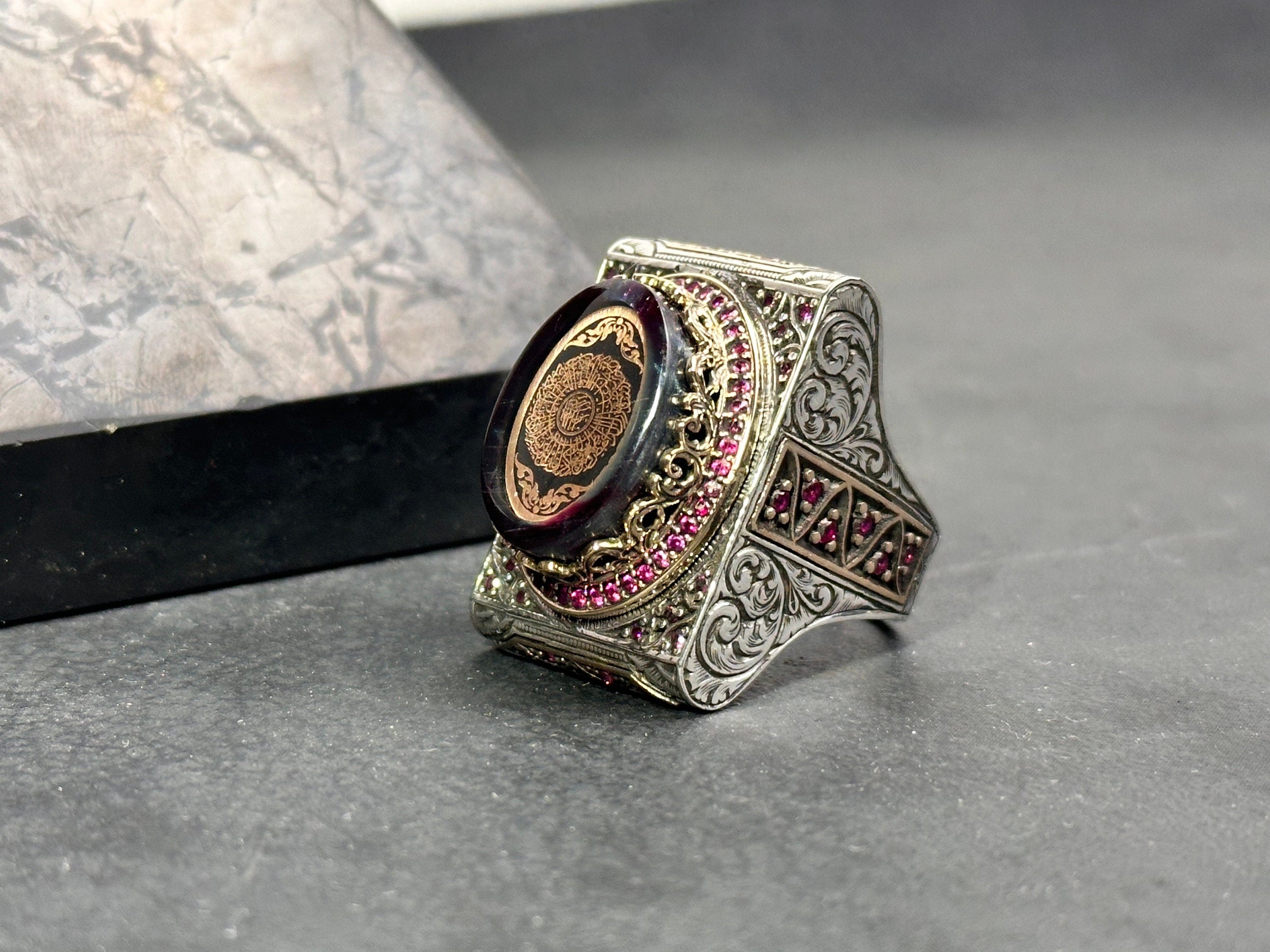 Sterling Silver Amber Ring - Handmade Arabic Inshirah Statement