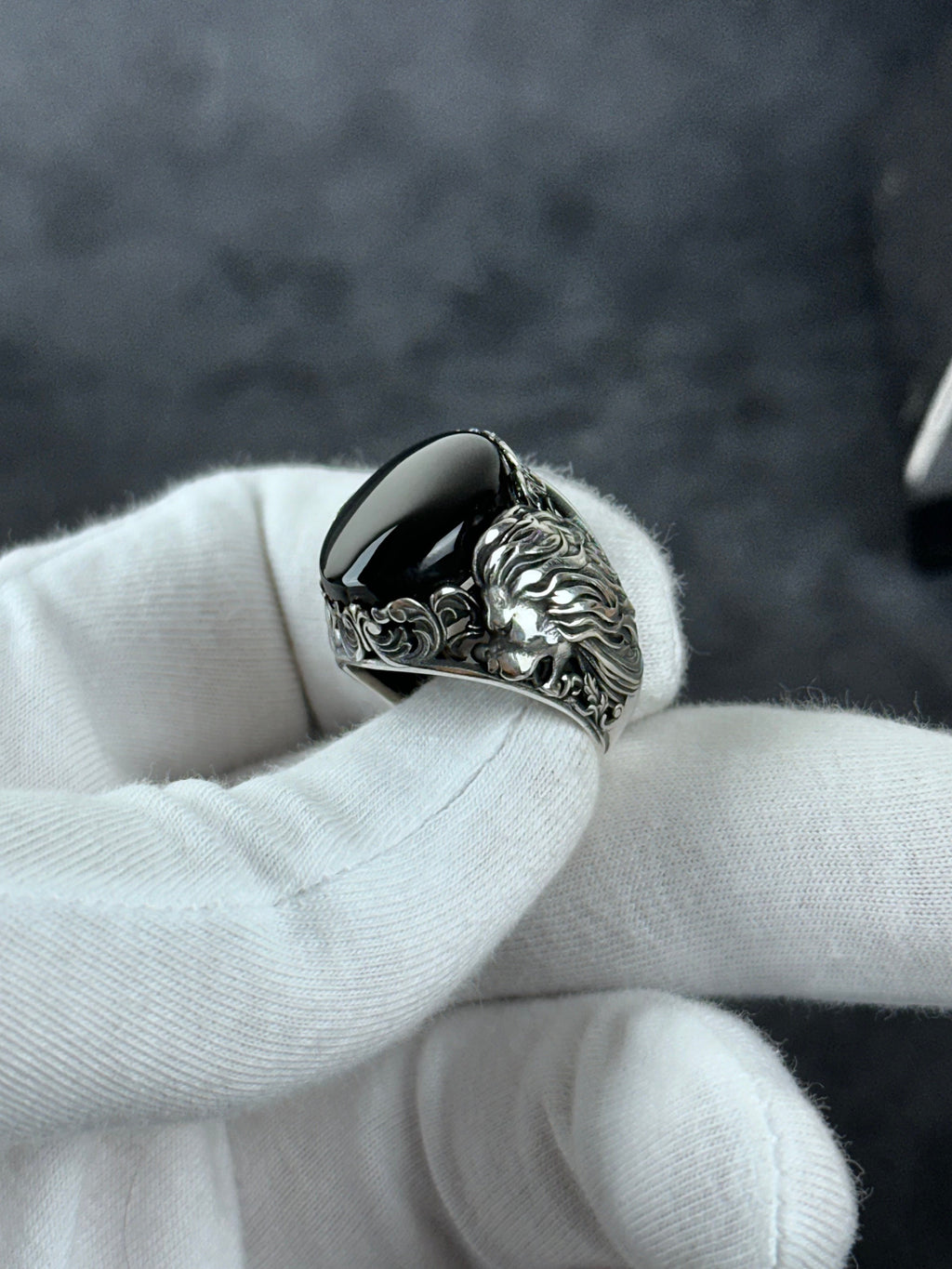 Silver Onyx Lion Ring - Handmade Sterling Statement Jewelry