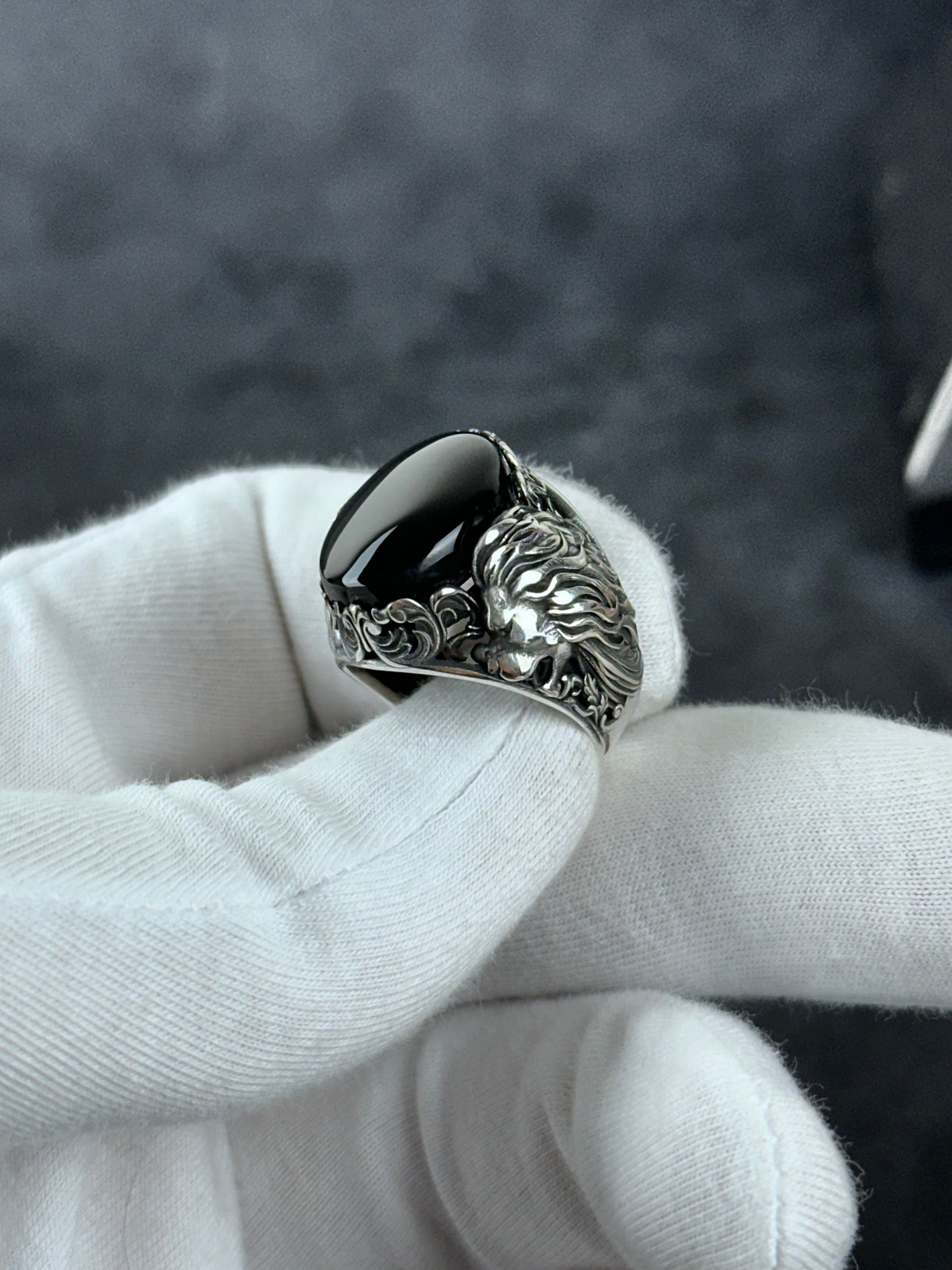 Silver Onyx Lion Ring - Handmade Sterling Statement Jewelry