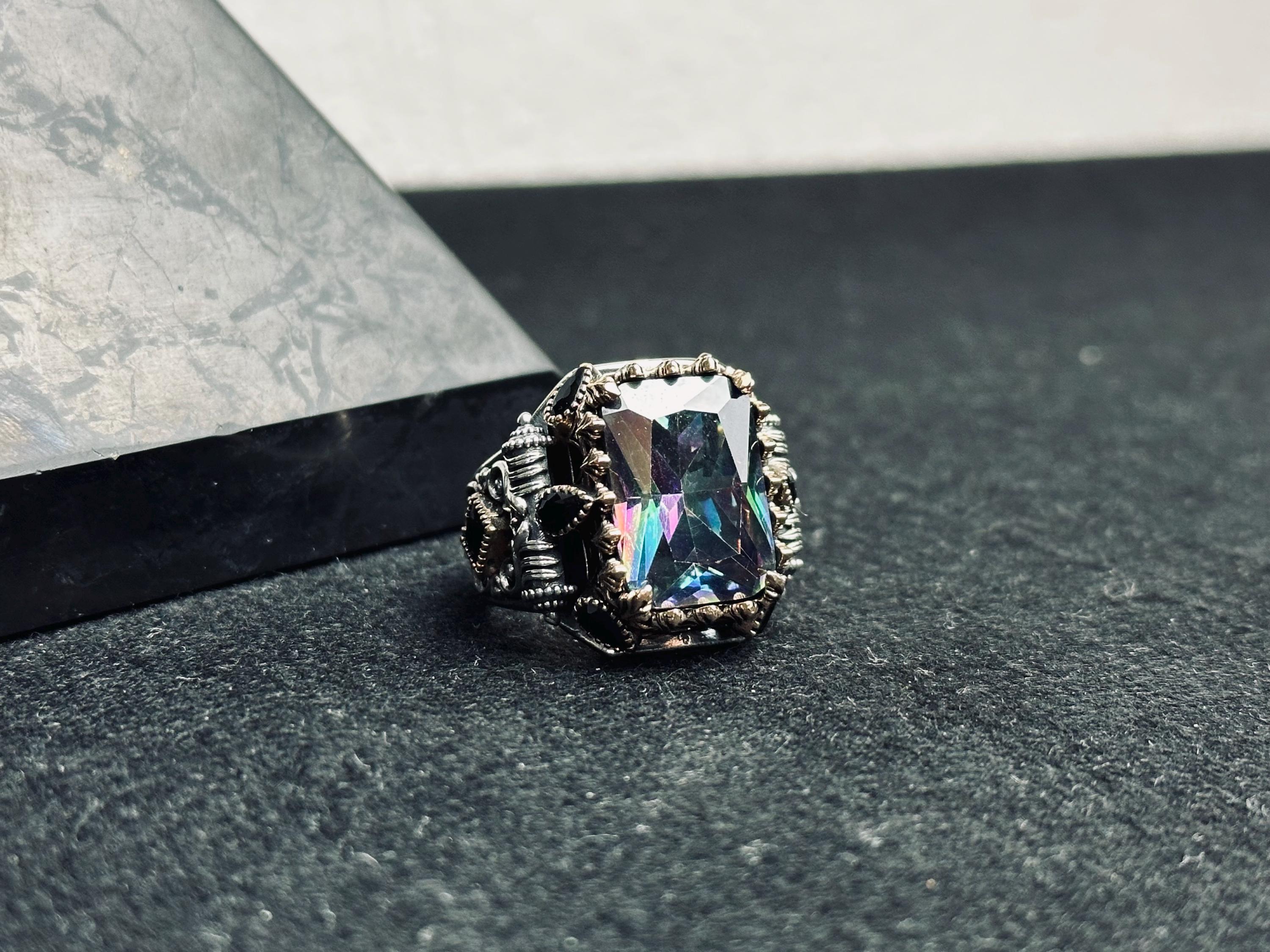 Mystic Topaz Silver Ring, Men's Geometric Statement (925 Sterling)