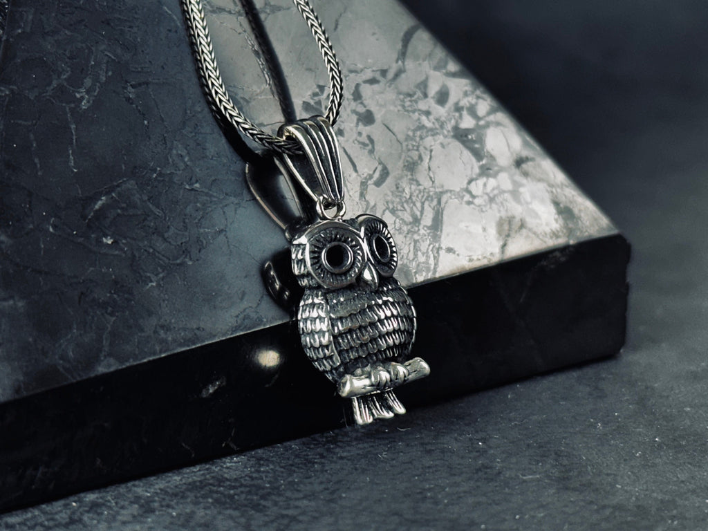 Silver Owl Necklace: Handmade Bird Pendant with Wooden Box