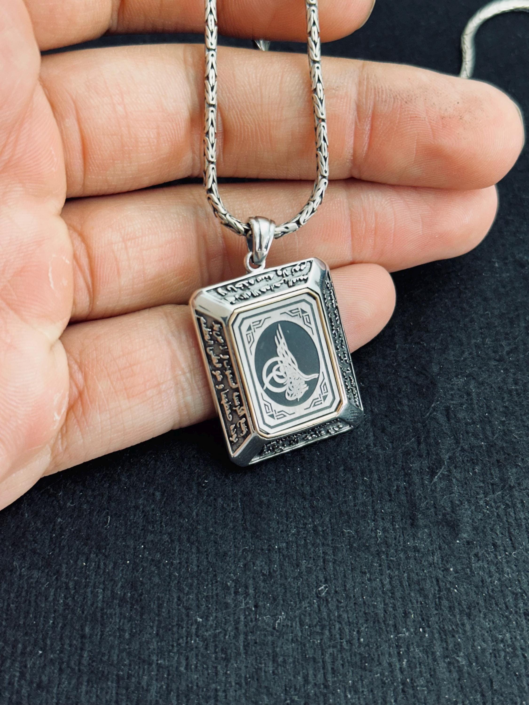 Square Ottoman Seal Necklace - Sterling Silver, Handmade Turkish Pendant