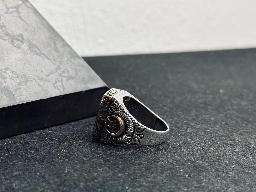Sterling Silver Signet Ring: Tiger Eye Gemstone - Ottoman Crescent Star