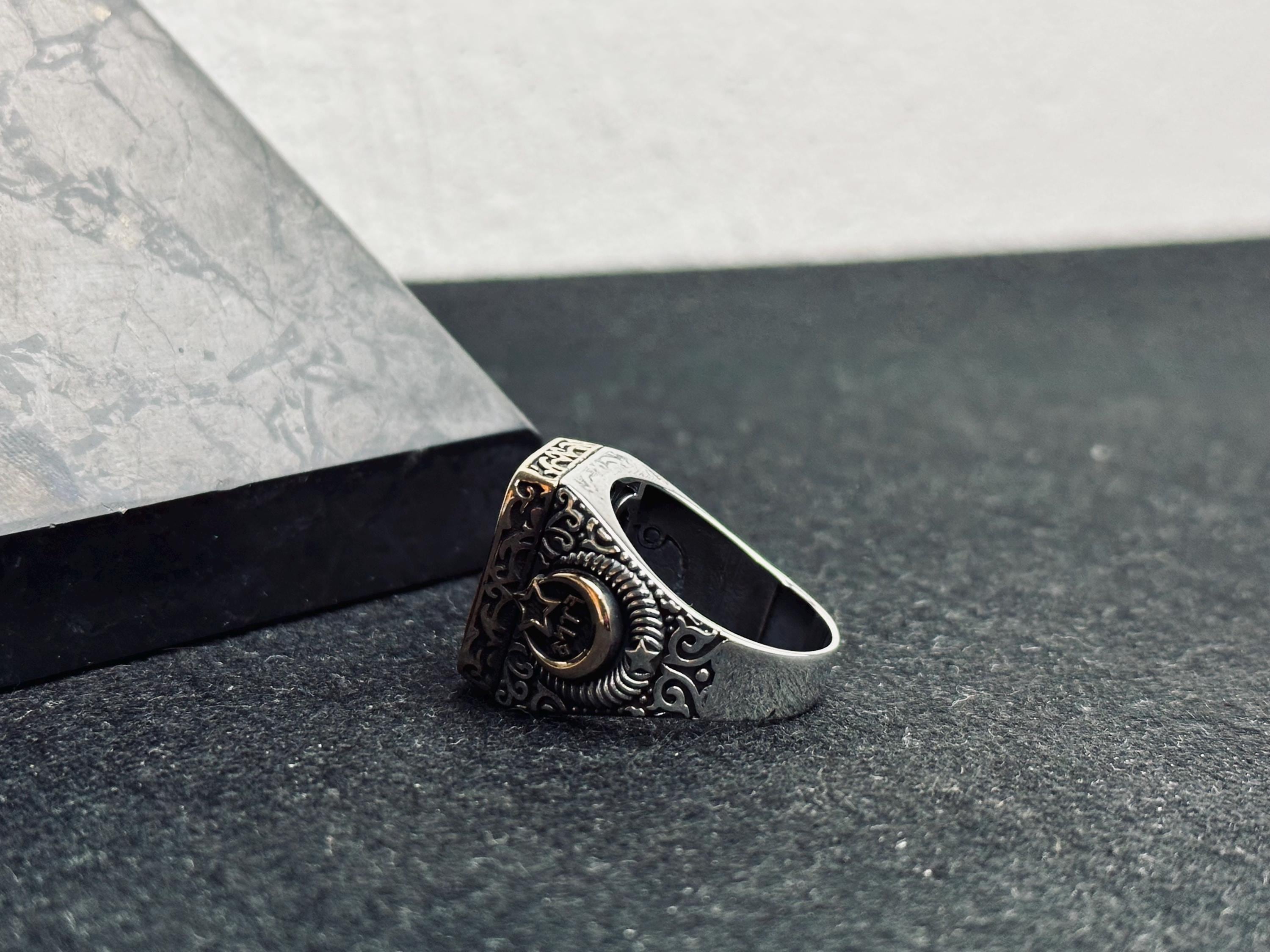 Sterling Silver Signet Ring: Tiger Eye Gemstone - Ottoman Crescent Star
