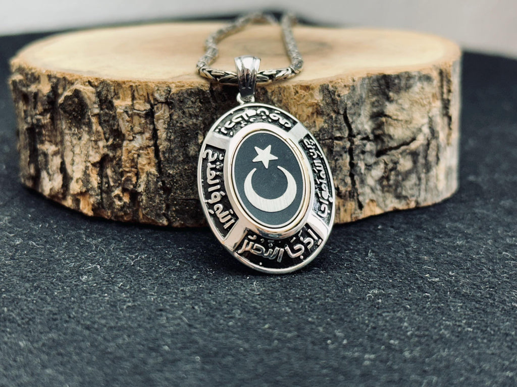 Crescent Moon & Star Necklace, Sterling Silver Oval Pendant (Handmade)