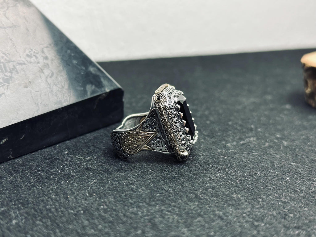 Square Black Zircon Men's Ring - Handmade Sterling Silver Vintage Look