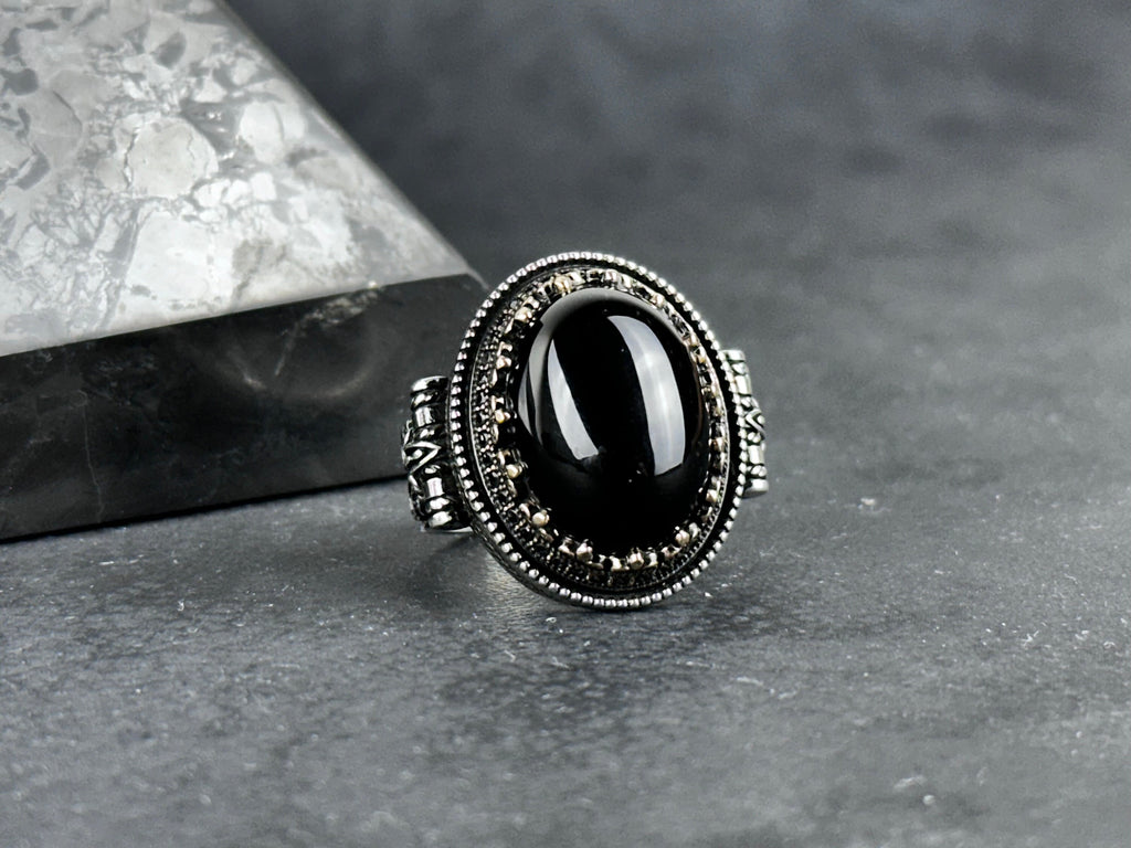 Men's Sterling Silver Ring Onyx Gemstone Eagle Design (Bold Statement)