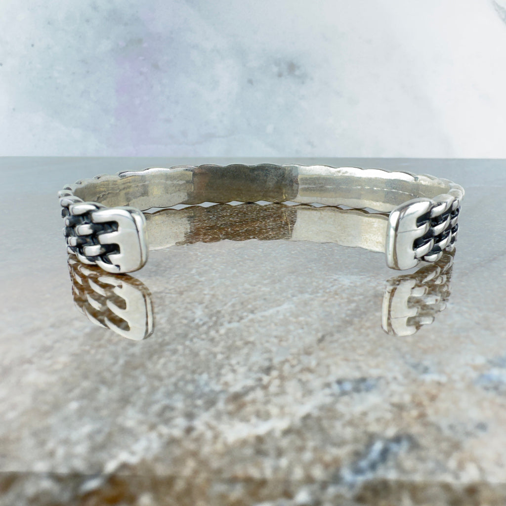 Silver Woven Cuff Bracelet - Adjustable Engraved Band