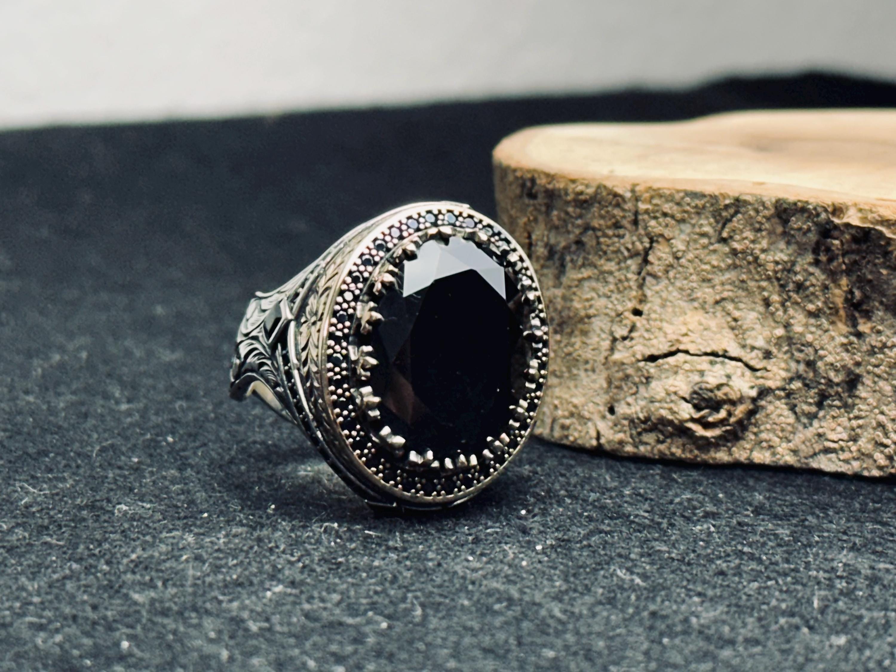 Oxidized Sterling Silver Ring: Handmade Zircon Men's Jewelry