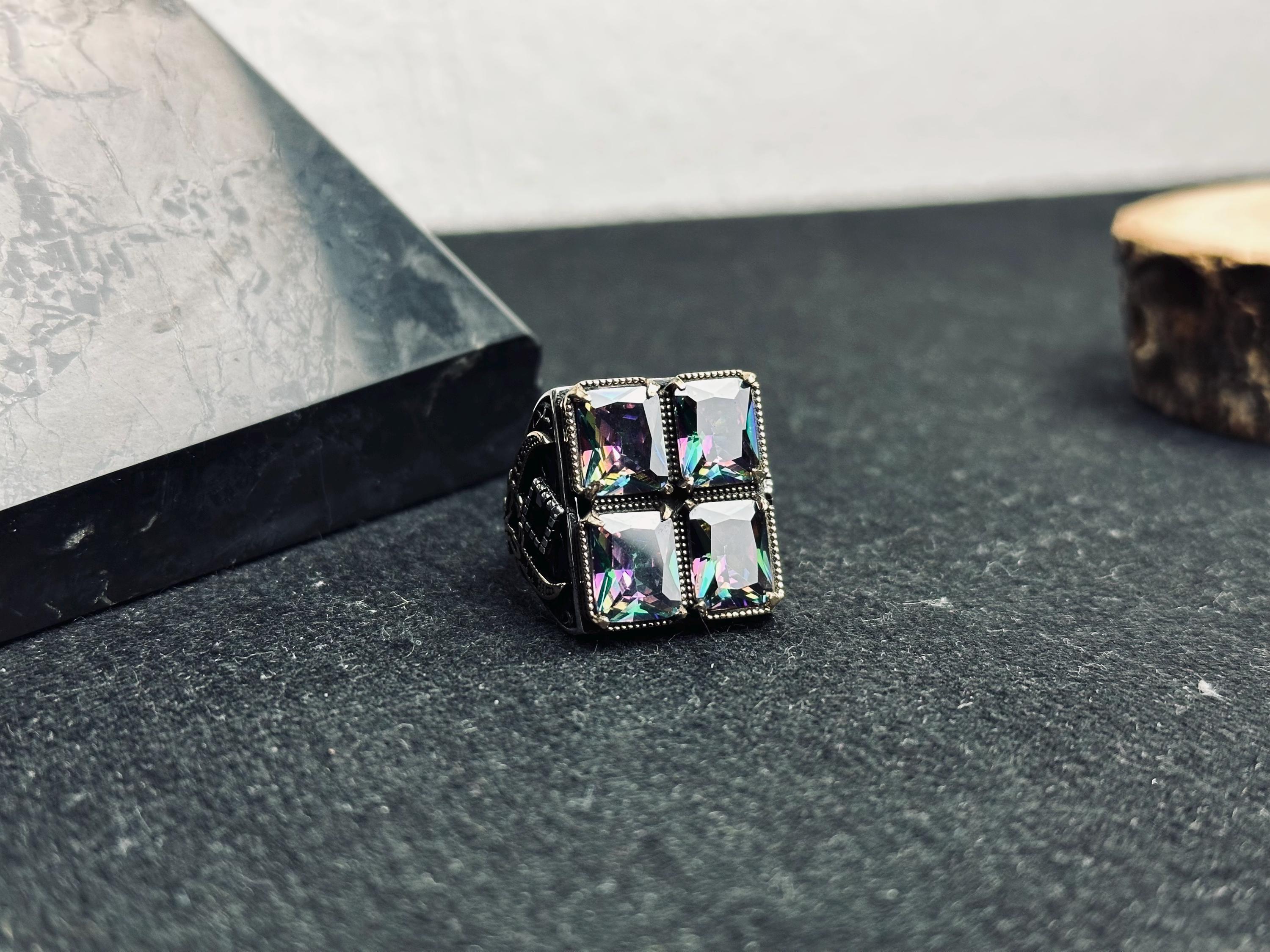 Mystic Topaz Ring: Handmade Turkish Silver (4 Stone Square)
