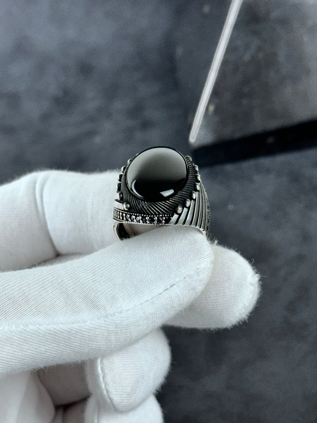 Onyx Ring: Sterling Silver Statement Jewelry (Nebula Cut Stone)