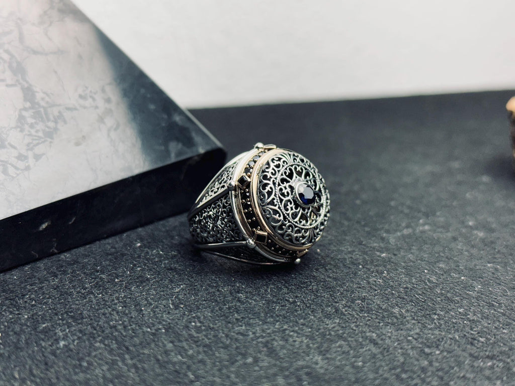Oval Blue Zircon Ring: Handmade Silver, Turkish Vintage Style