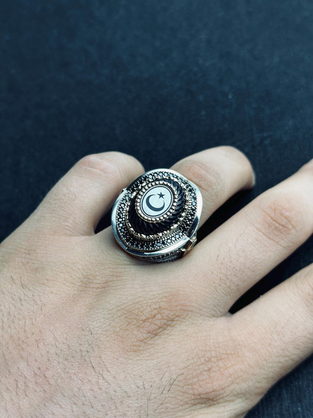 Men's Sterling Silver Ring: Turkish Moon Star - Handmade Oval Band