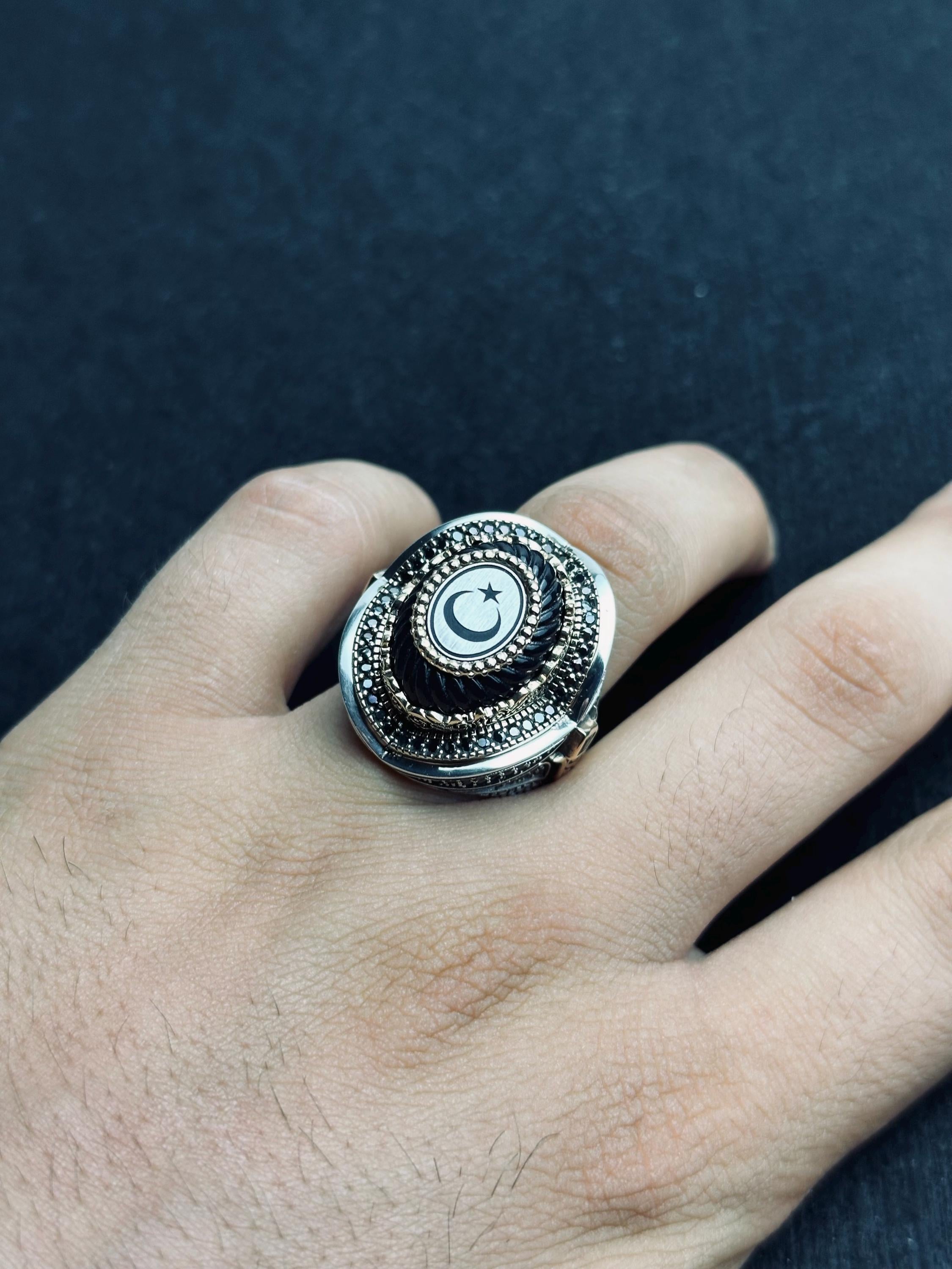Men's Sterling Silver Ring: Turkish Moon Star - Handmade Oval Band