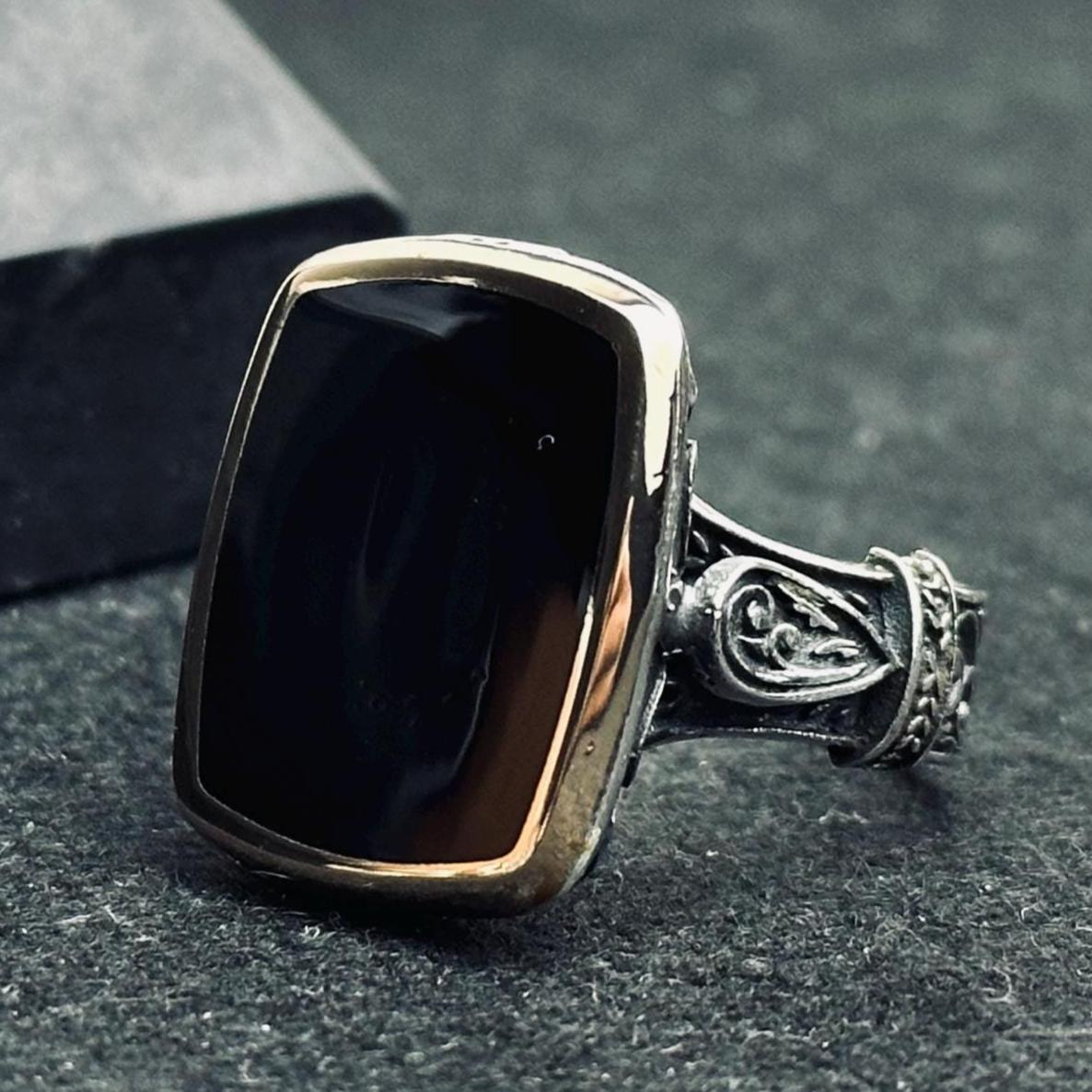 Vintage Square Onyx Ring - Sterling Silver Ottoman Design