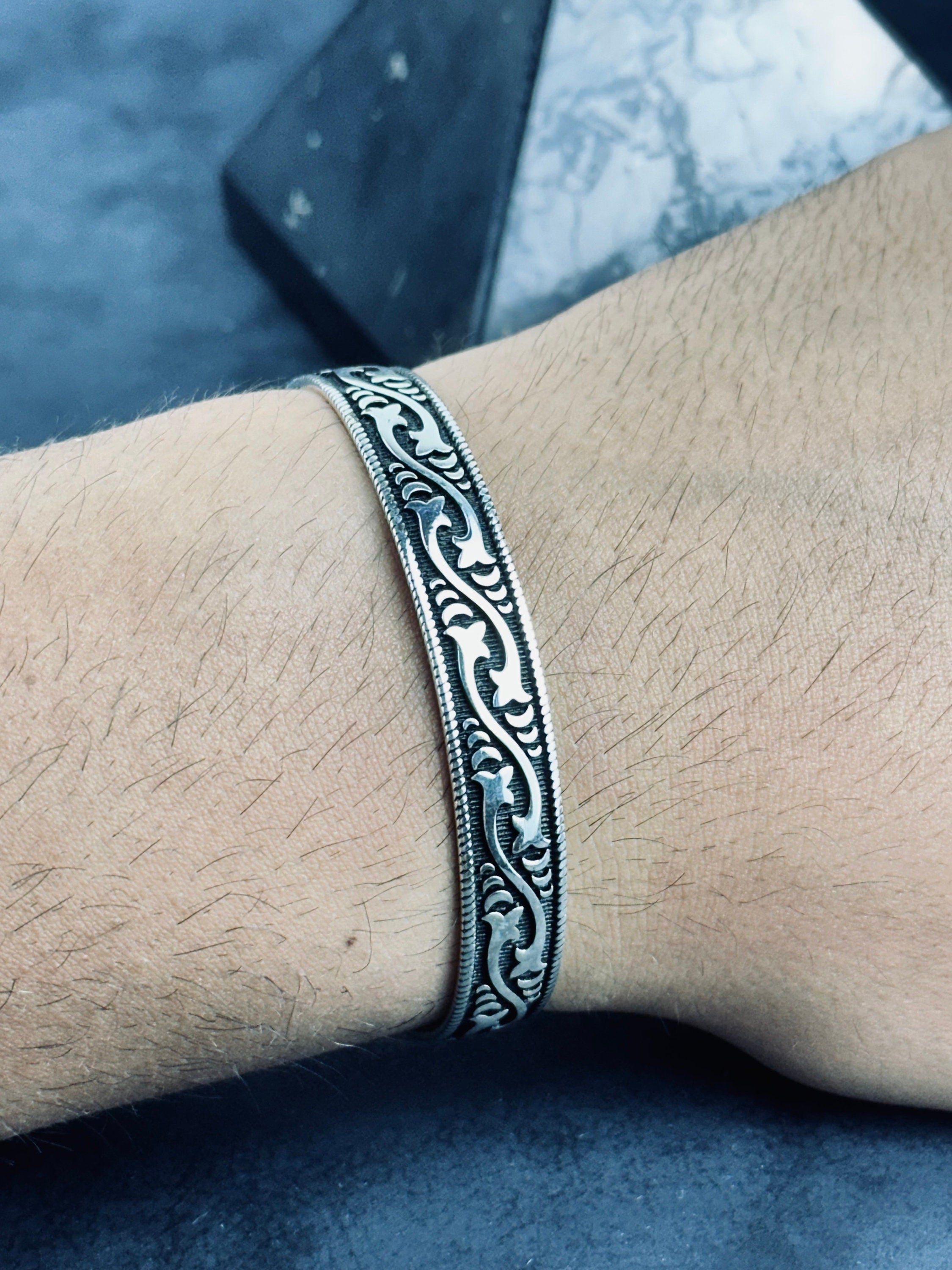Sterling Silver Cuff Bracelet, Embroidered Pattern Handmade (Adjustable Size)