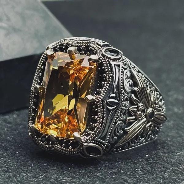 Men's Statement Ring: Square Aquamarine and Eagle Heads (Sterling Silver)