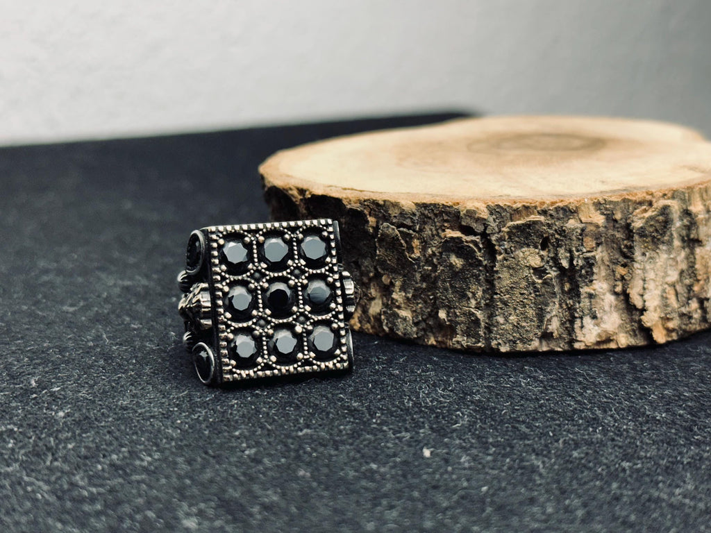 Men’s Silver Ring: Black Zircon Stones - Handmade Turkish Jewelry