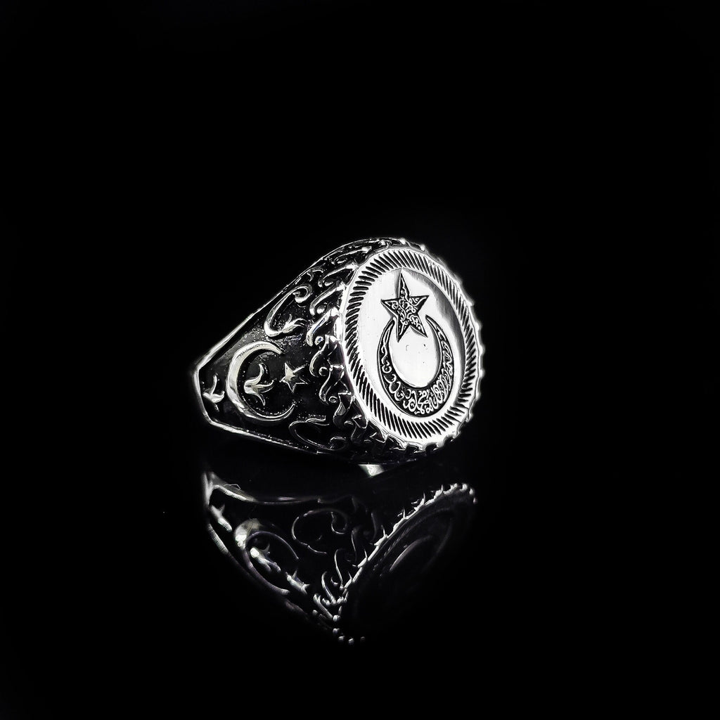 Moon and Star Ring: Sterling Silver Islamic Jewelry (Handmade)