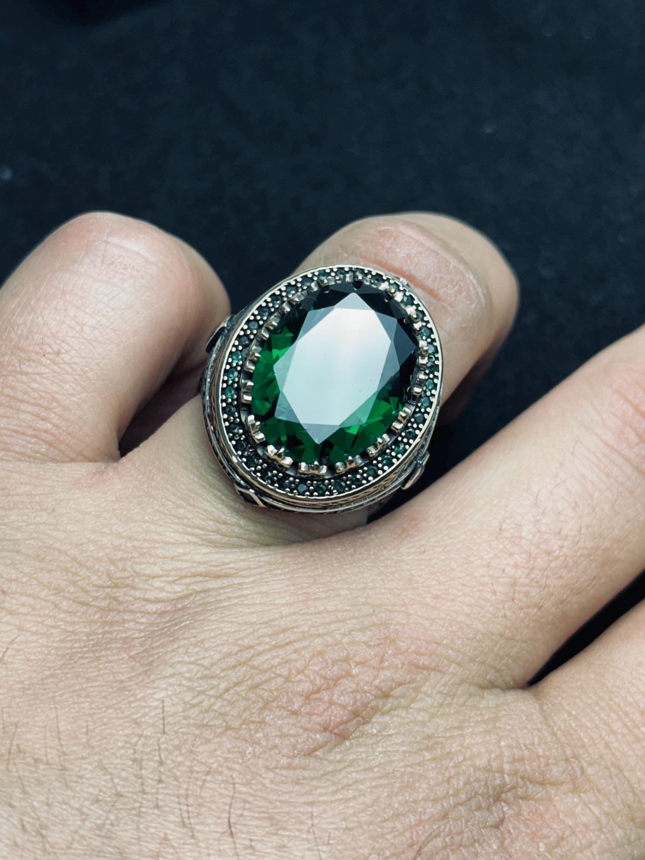 Emerald Statement Ring: Colombian Stone Men's Jewelry (Sterling Silver)