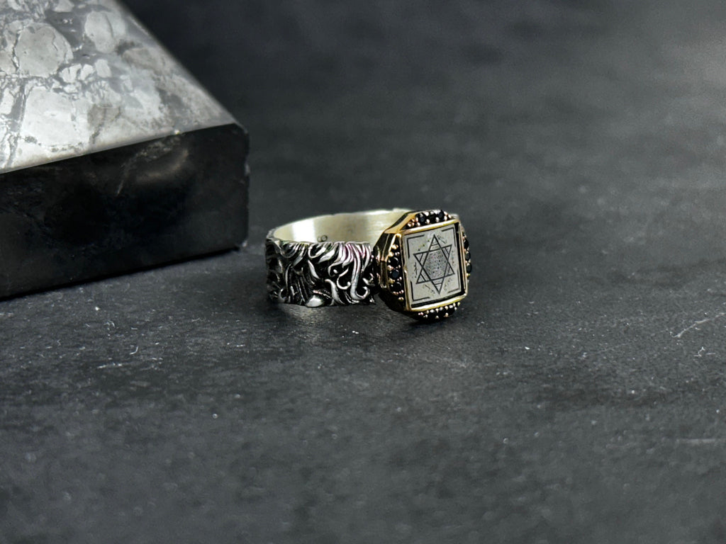 Sterling Silver Solomon Seal Ring - Handmade Adjustable Protection Jewelry