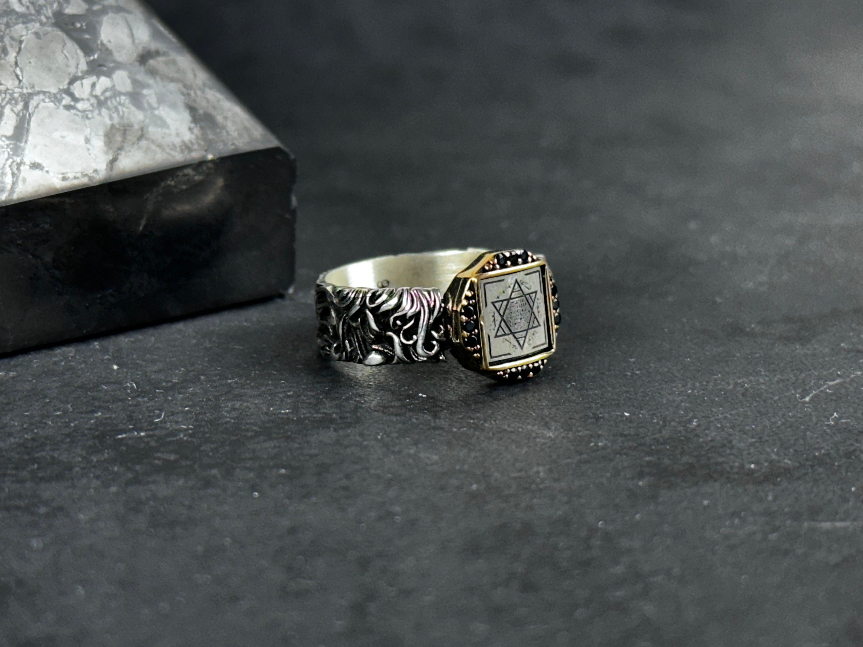 Sterling Silver Solomon Seal Ring - Handmade Adjustable Protection Jewelry
