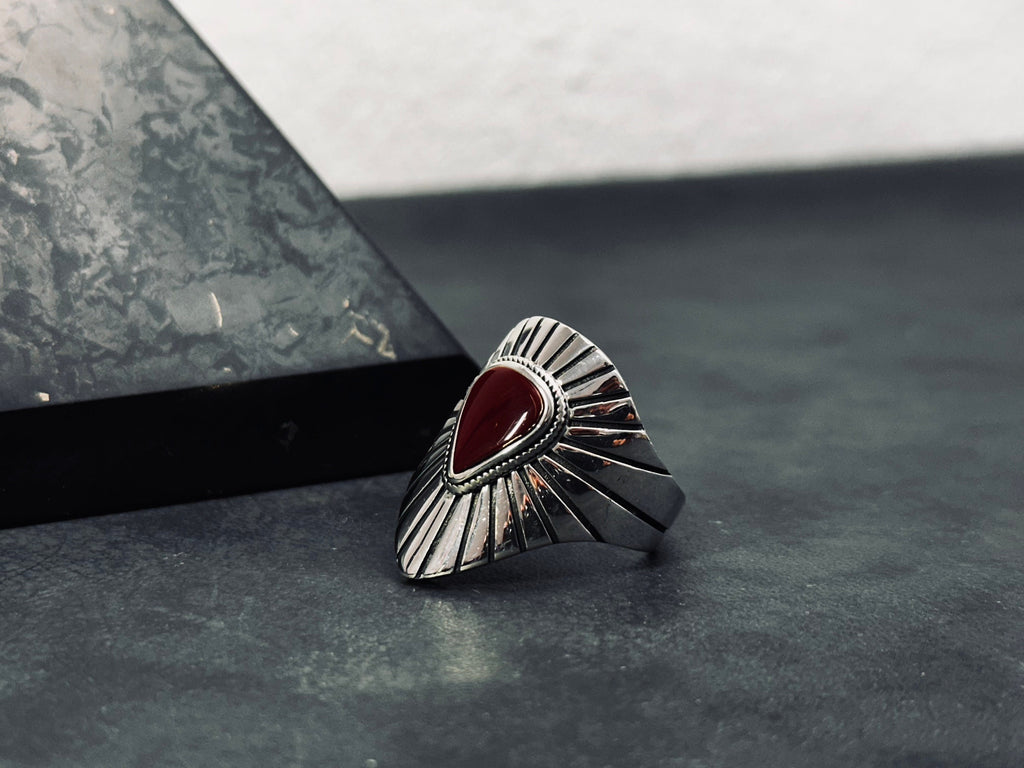 Sterling Silver Shield Ring - Red Agate Stone Detail
