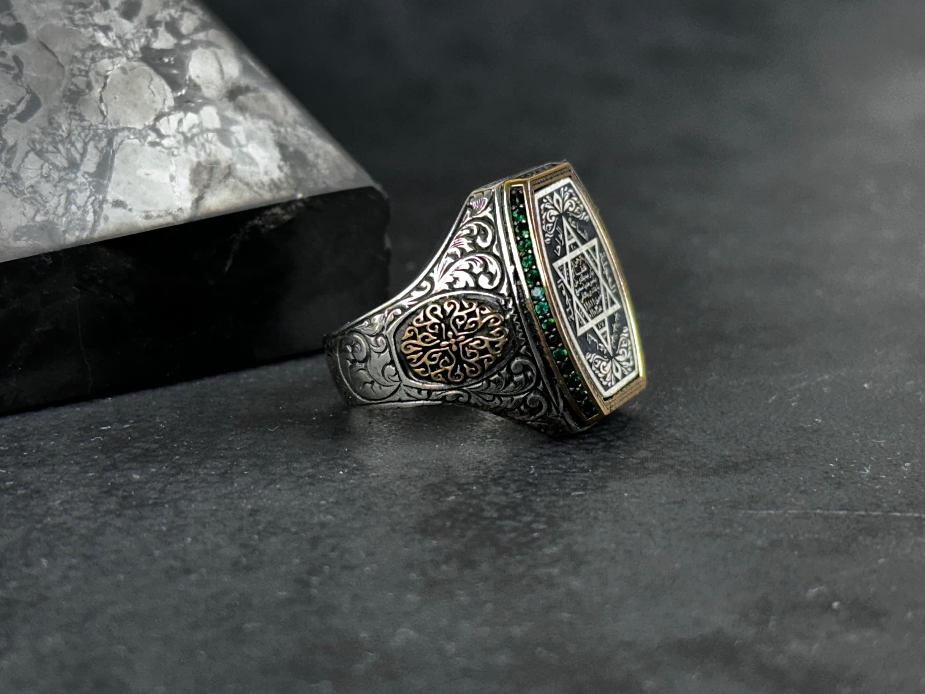Sterling Silver Seal of Solomon Ring: Green Zircon Spiritual Design