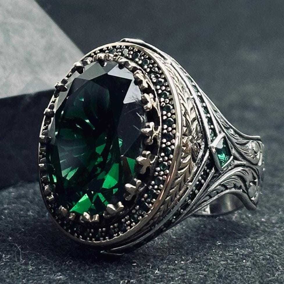 Emerald Statement Ring: Colombian Stone Men's Jewelry (Sterling Silver)