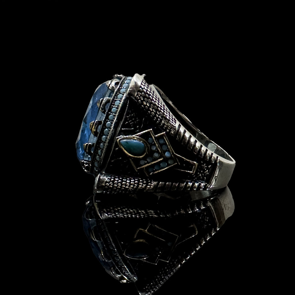 Paraiba Tourmaline  Mens Ring - Sterling Silver, Handmade with Eagle Motif