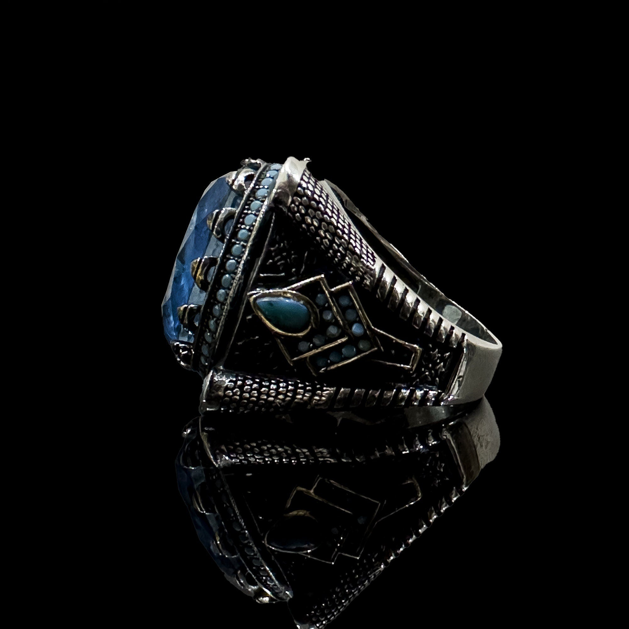 Paraiba Tourmaline  Mens Ring - Sterling Silver, Handmade with Eagle Motif