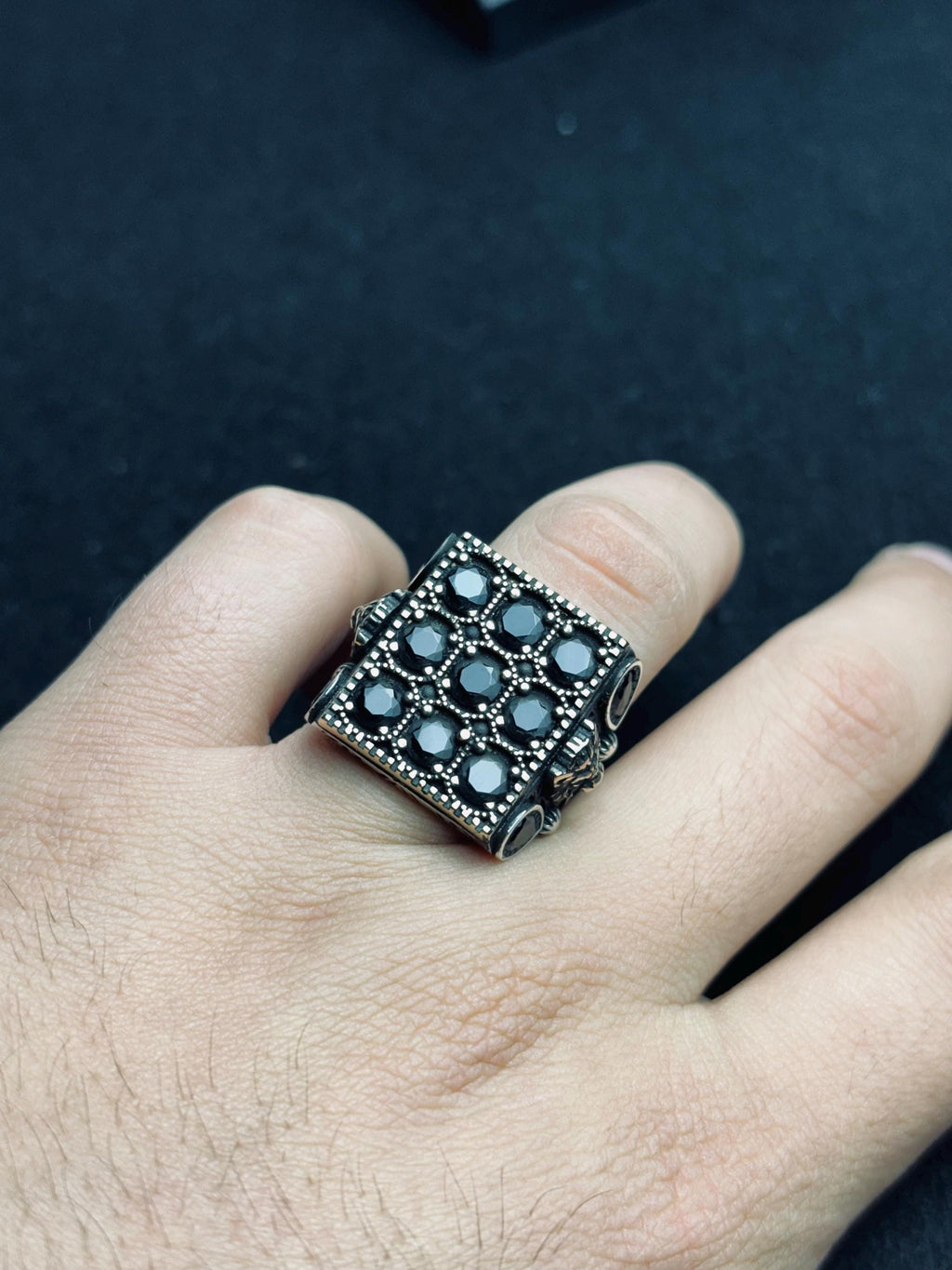 Men’s Silver Ring: Black Zircon Stones - Handmade Turkish Jewelry
