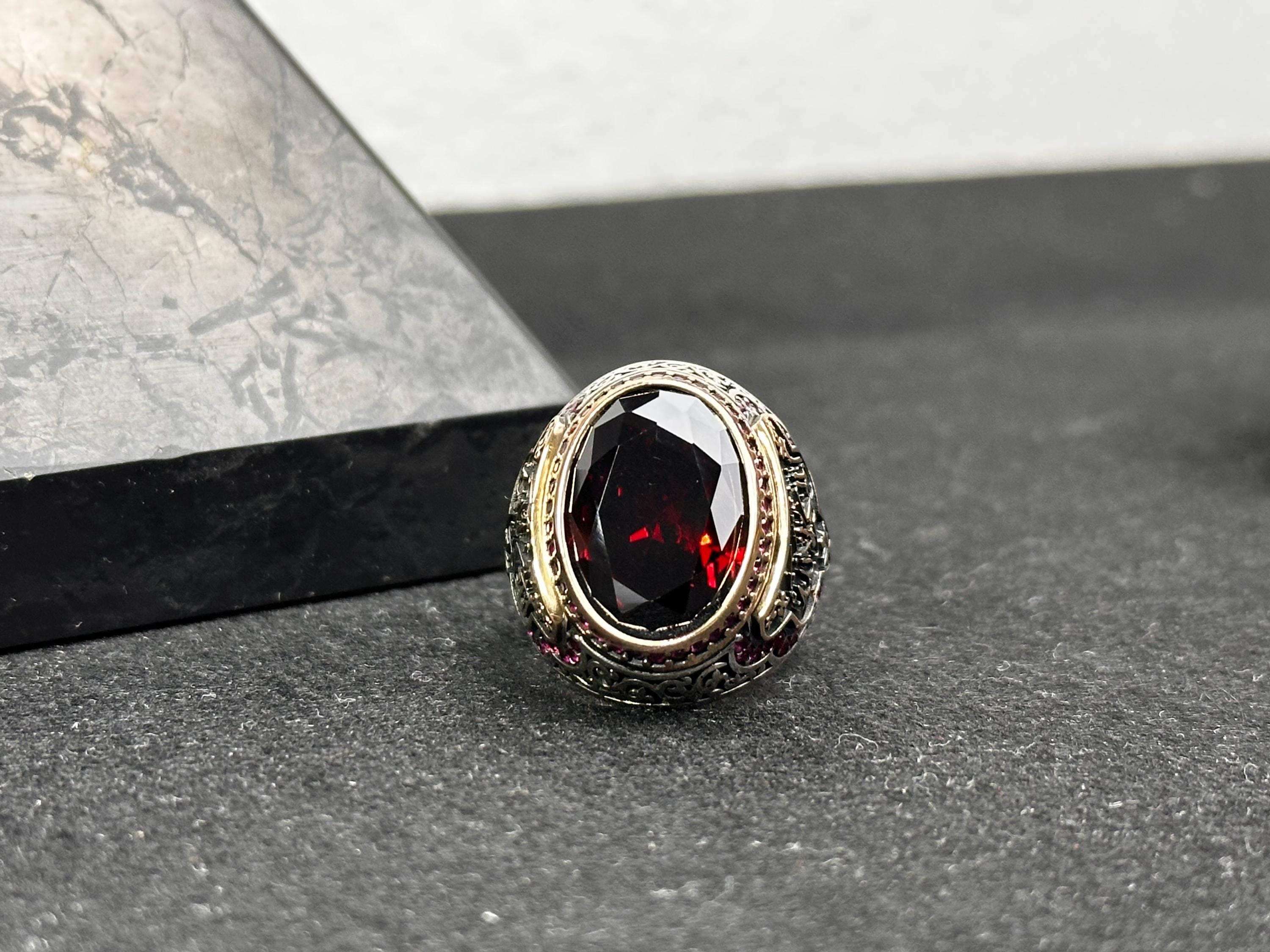 Vintage Sterling Silver Signet Ring, Red Zircon, Arabic Calligraphy (Men's)