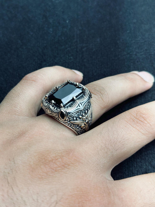 Black Zircon Men's Ring: Handmade Sterling Silver Ottoman Style