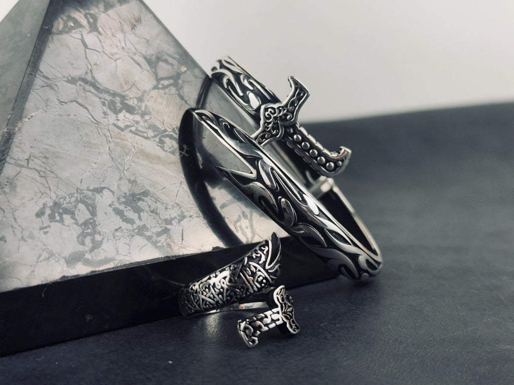 Zulfiqar Sword Silver Bracelet and Ring Set (Adjustable, Handmade)