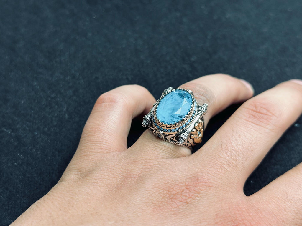 Aquamarine Signet Ring - Oval Blue Stone in Sterling Silver