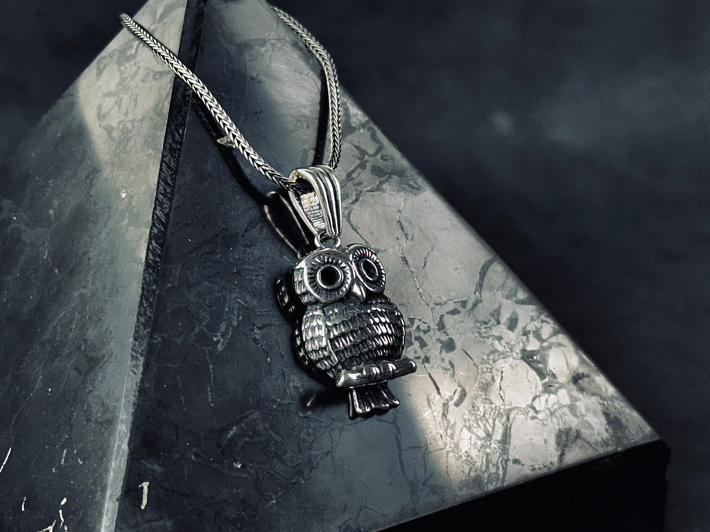Silver Owl Necklace: Handmade Bird Pendant with Wooden Box