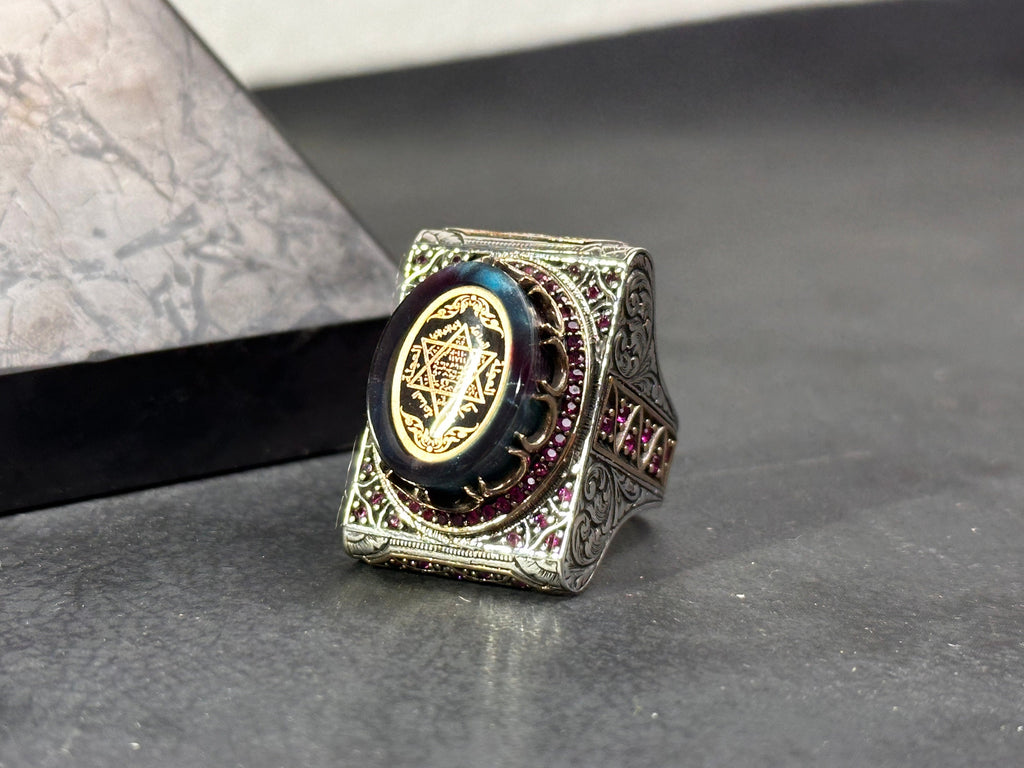 Solomon King Seal Ring: Sterling Silver, Amber Stone - Engraved Detail