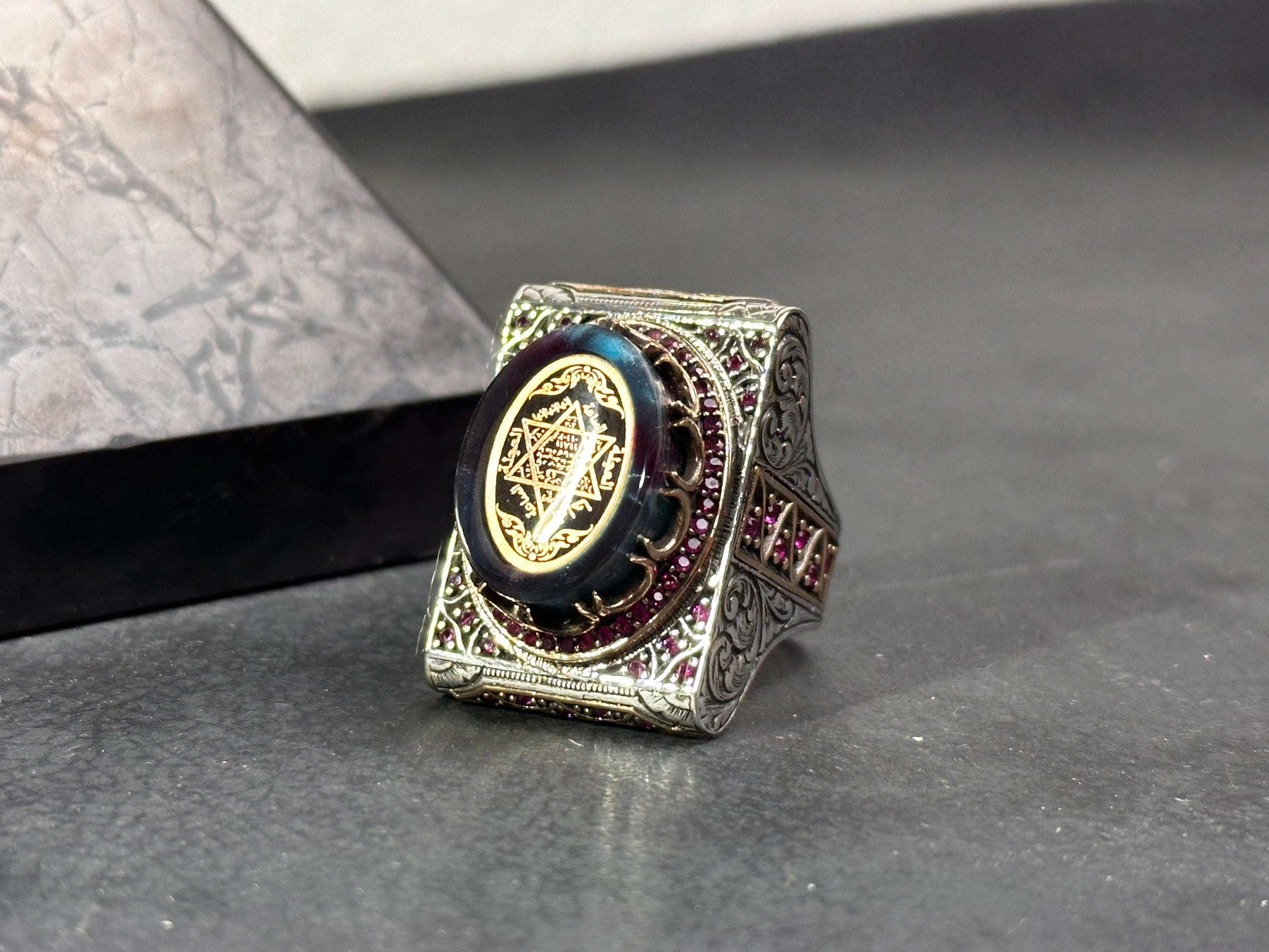 Solomon King Seal Ring: Sterling Silver, Amber Stone - Engraved Detail